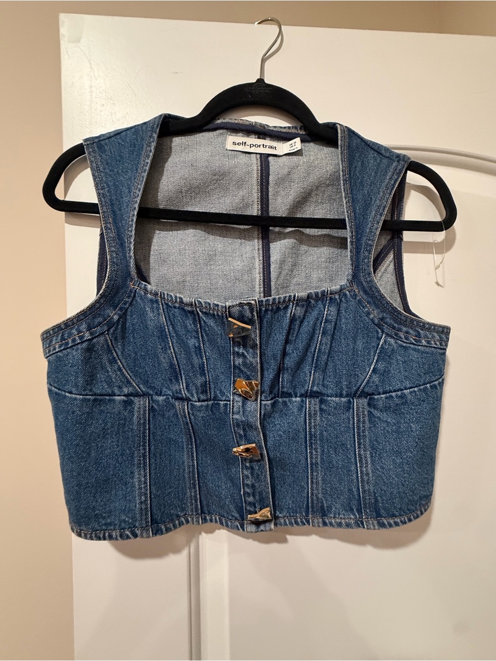 Self-Portrait Blue Denim Corset Vest with Gold Buttons